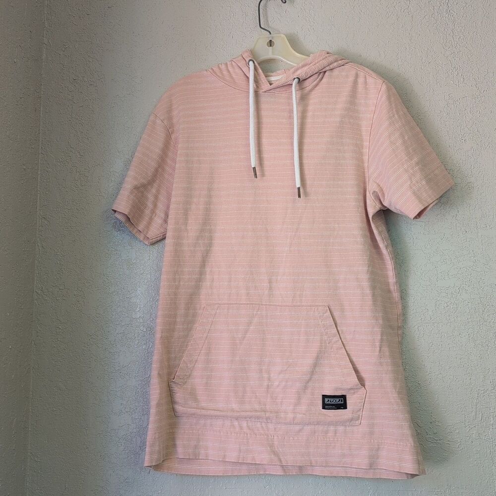 Short Sleeve Stripe Hoodie M Pink White Kangaroo Pocket Indie Sleaze Boho Preppy